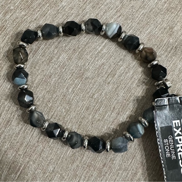 Men’s Express Genuine Stone Bracelet • Black/Gray Banded Agate • NWT - Picture 2 of 6